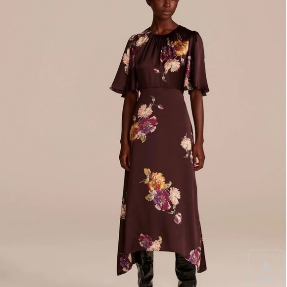 Rebecca Taylor Simone Fleur Silk Midi Dress in Burgundy NWT - Picture 1 of 16